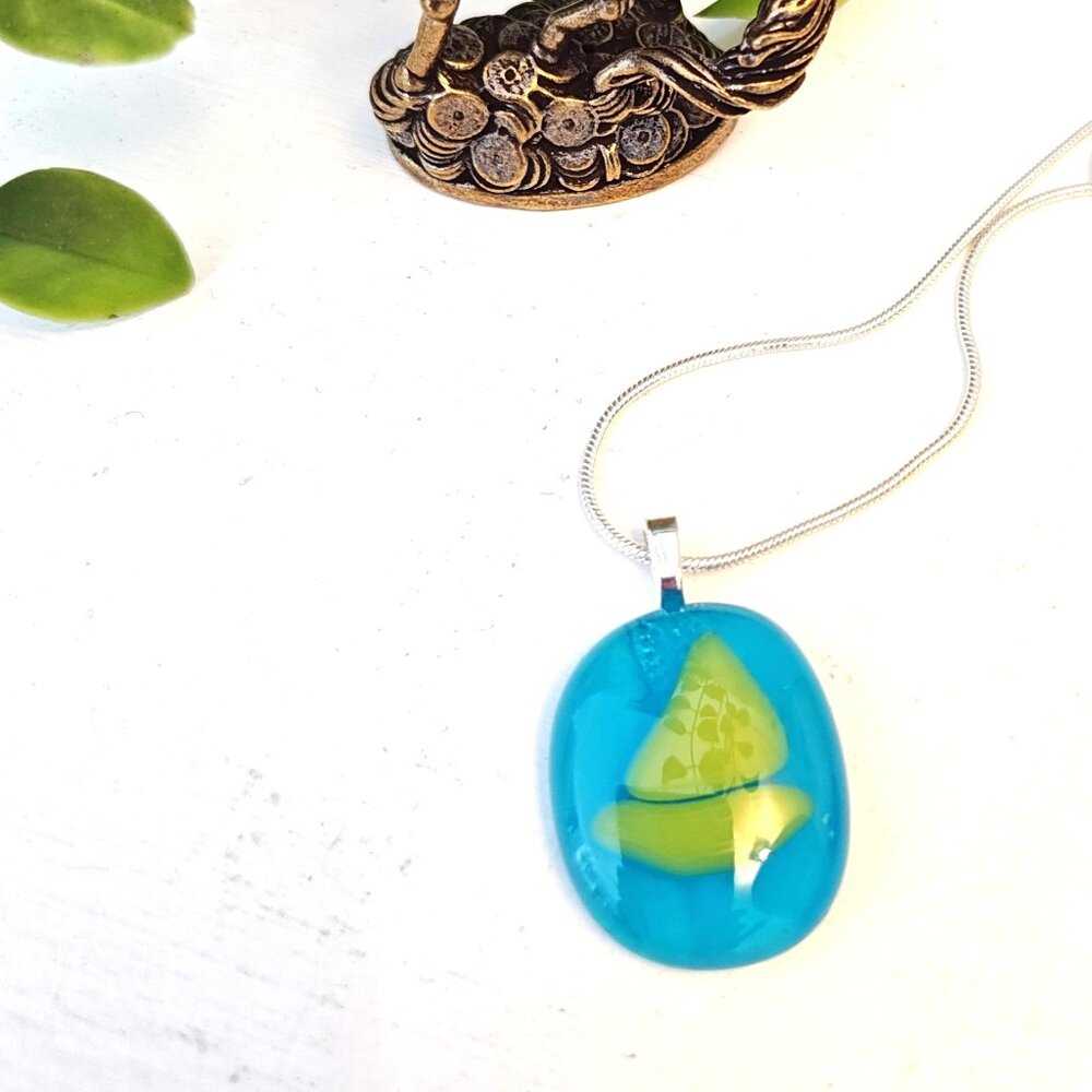 Unique sculptural sailboat pendant necklace, Lime & blue handcrafted jewelry